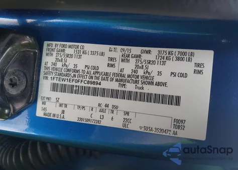 2015 Ford F-150 Xlt из США, поврежденный, VIN 1FTEW1EF0FFC89894